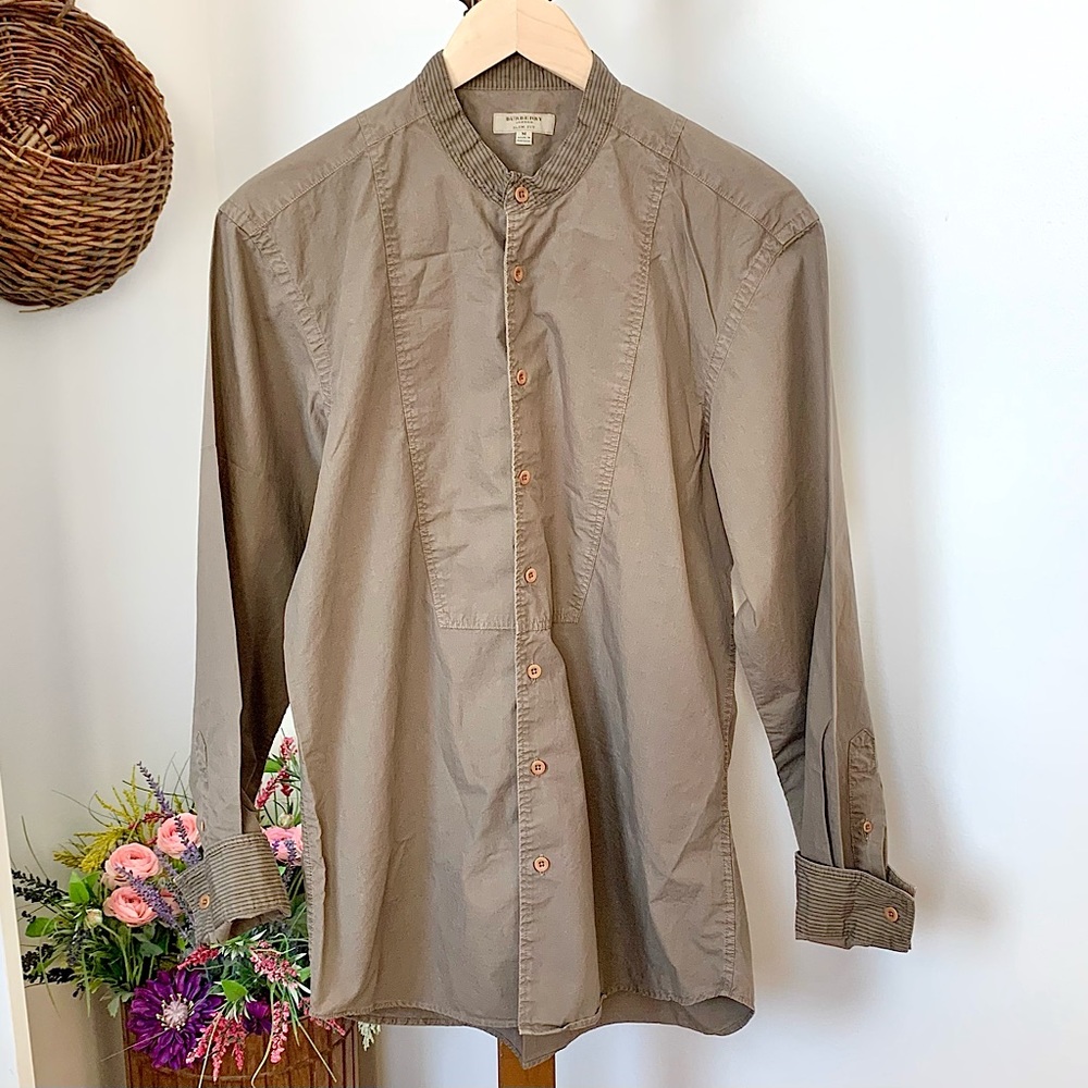 Burberry London Slim Fit Striped Contrast Band Collar Cuffs Shirt khaki Tan MED